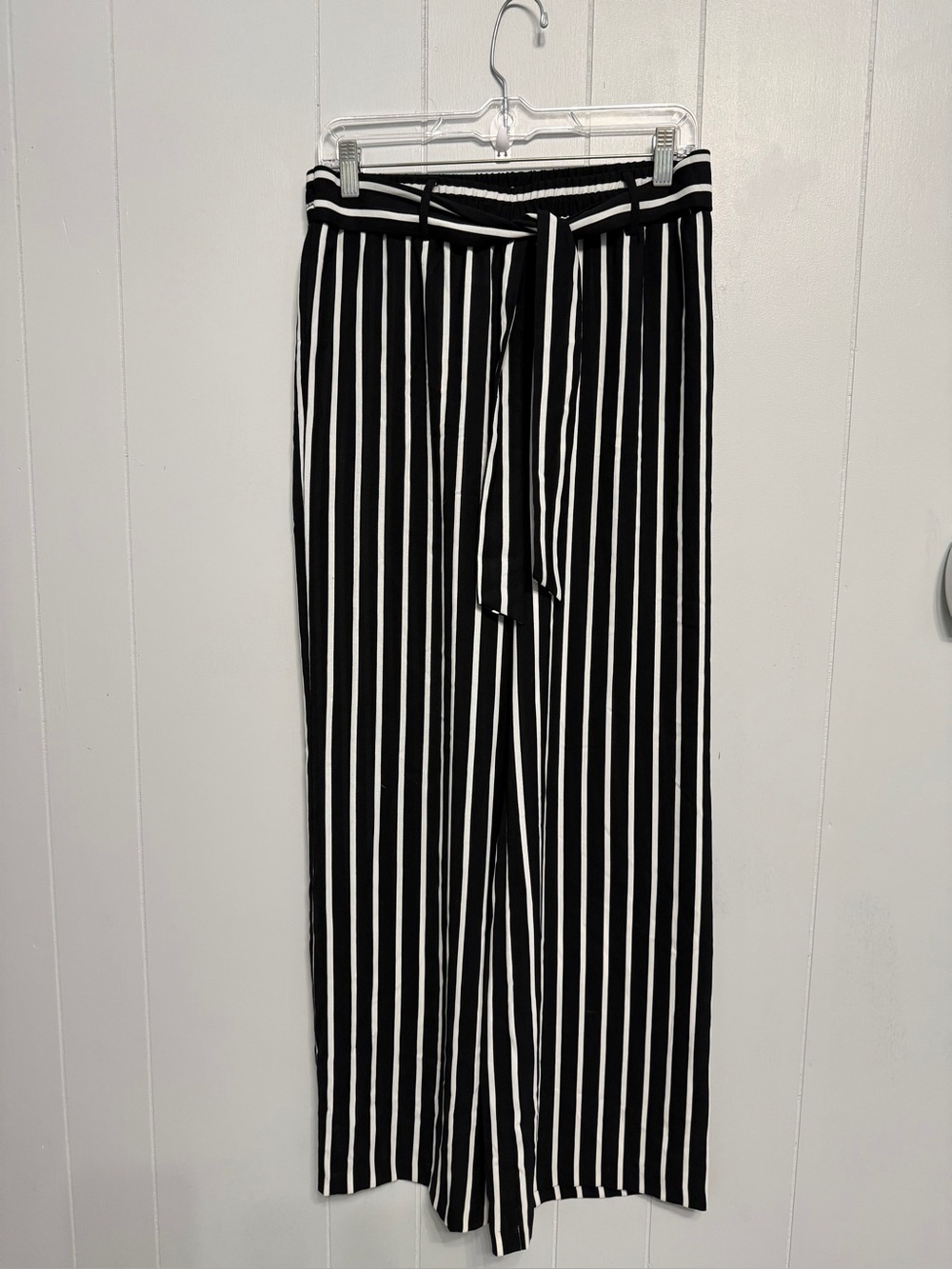 Black and White Vertical Stripe Wide-Leg Pants with Tie Waist